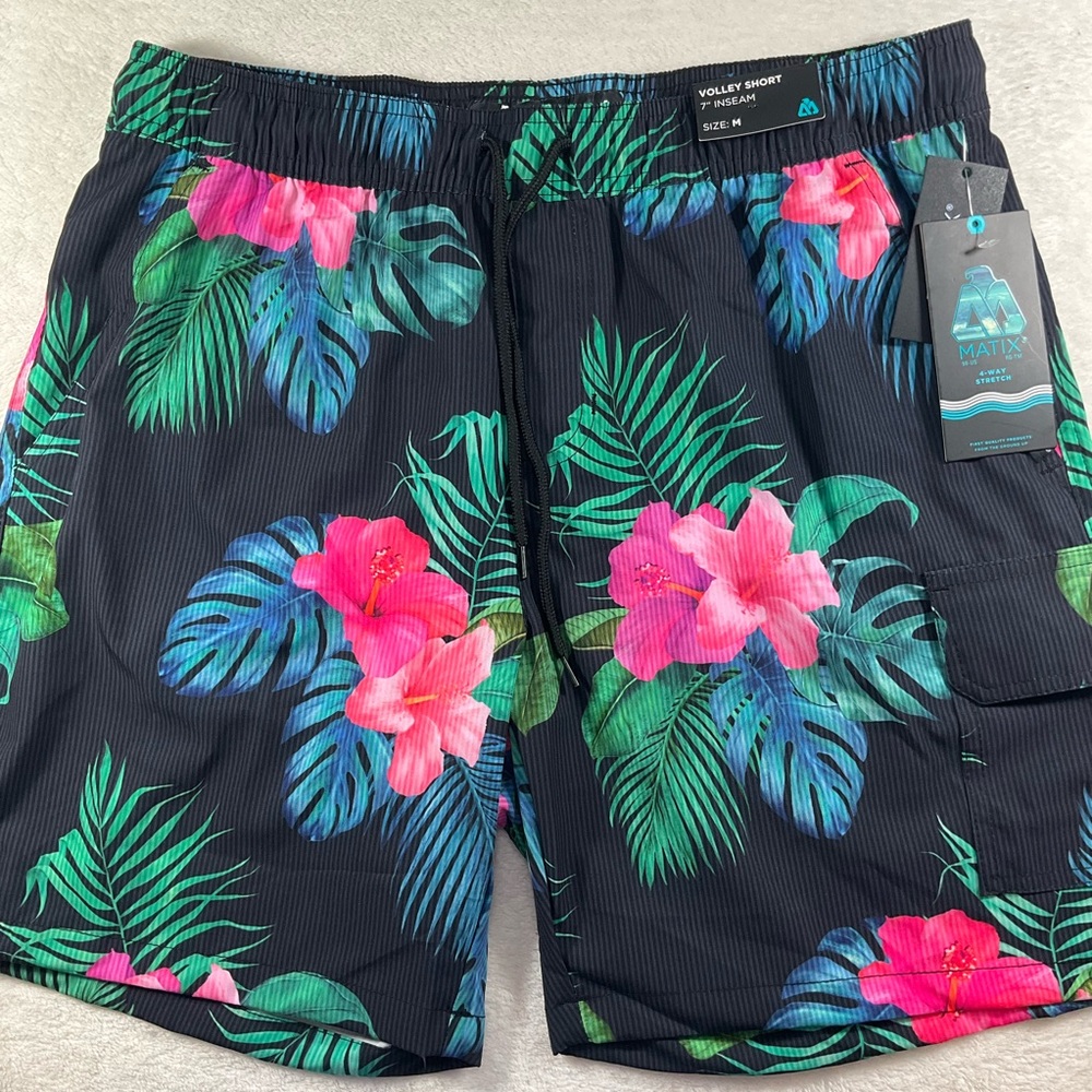 NWT MATIX Men’s Black Hawaiian Hibiscus Volley Short 7” Inseam Medium MTY04041S5